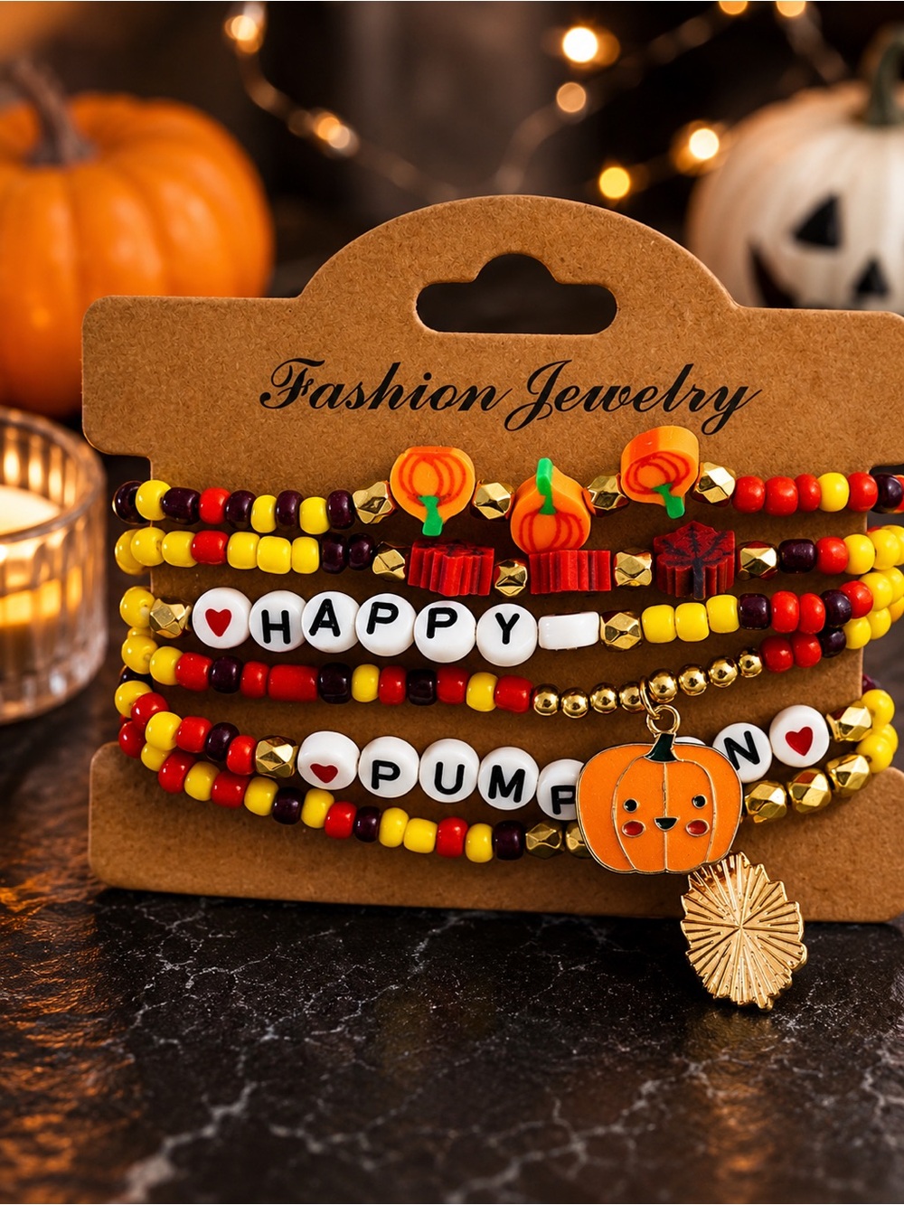 Fashion Jewelry Orange, Yellow & Red Pumpkin Beaded Bracelet Stack